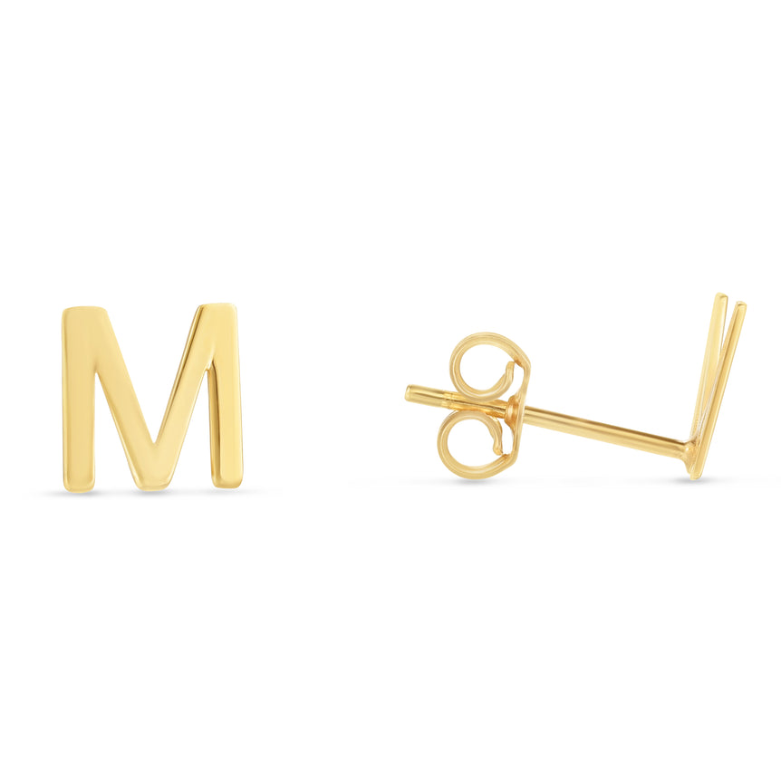 14K Gold Initial M Stud Earring-Yellow | Push Back