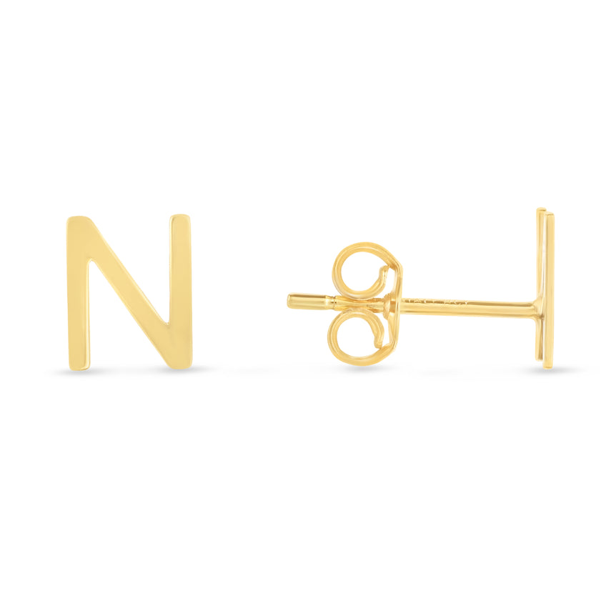 14K Gold Initial N Stud Earring-Yellow | Push Back