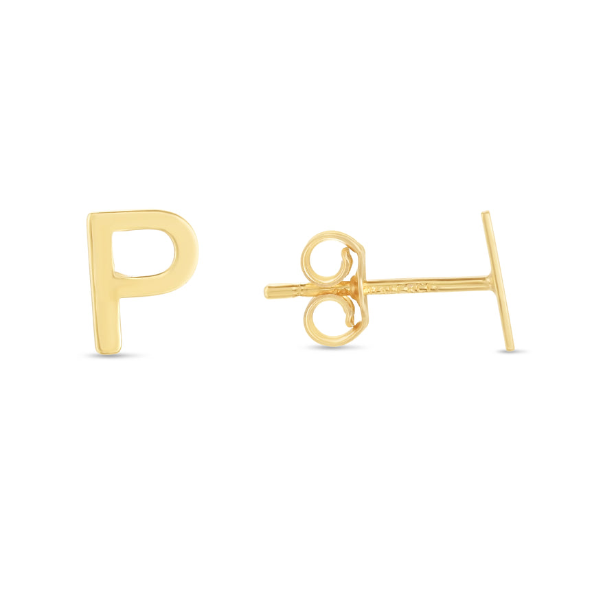 14K Gold Initial P Stud Earring-Yellow | Push Back
