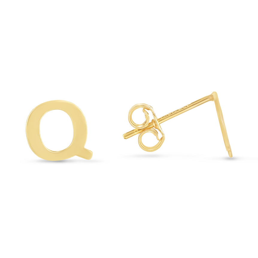 14K Gold Initial Q Stud Earring-Yellow | Push Back