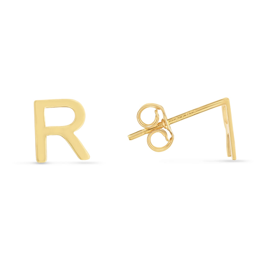 14K Gold Initial R Stud Earring-Yellow | Push Back