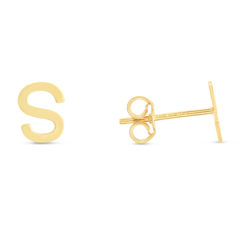 14K Gold Initial S Stud Earring-Yellow | Push Back