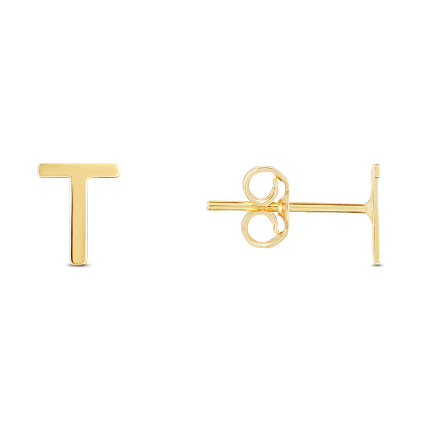 14K Gold Initial T Stud Earring-Yellow | Push Back