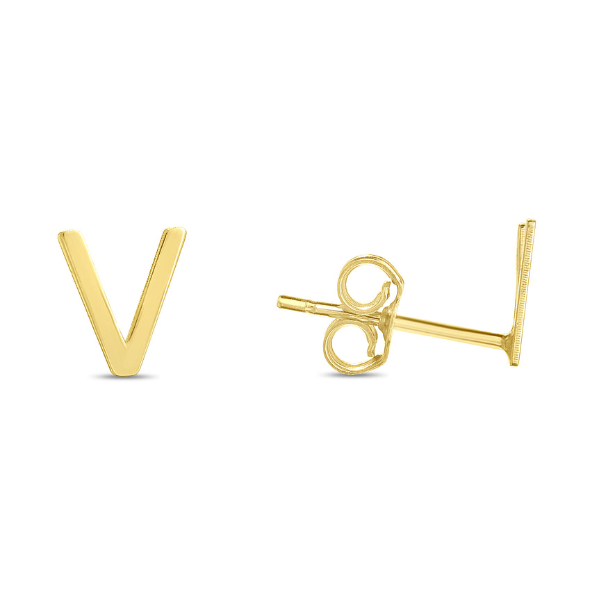 14K Gold Initial V Stud Earring-Yellow | Push Back