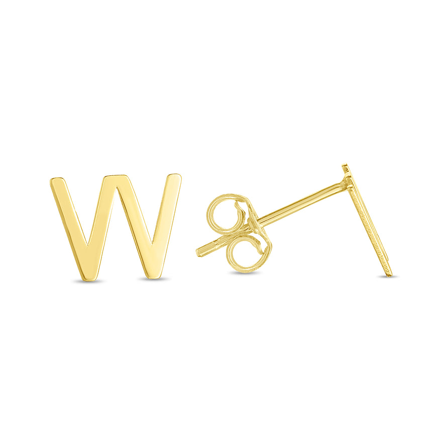 14K Gold Initial W Stud Earring-Yellow | Push Back