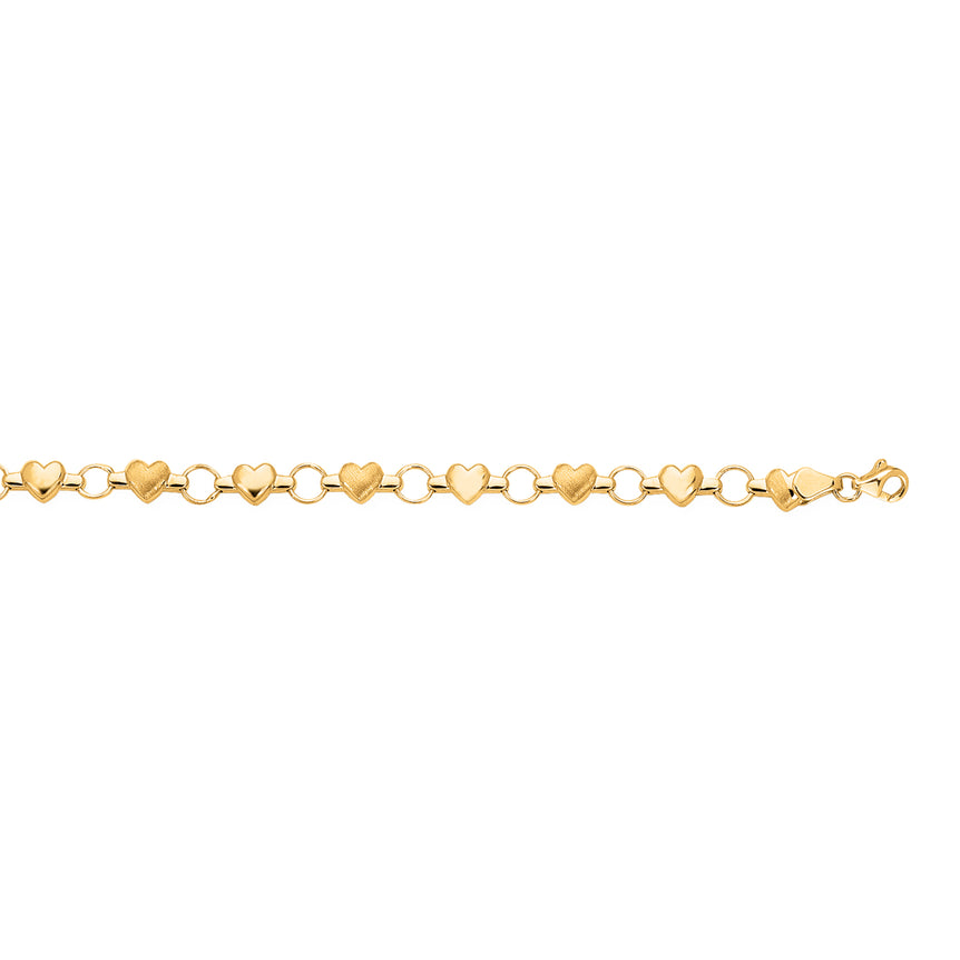 14K Gold Heart & Satin Heart Alternating Bracelet-Yellow | Lobster
