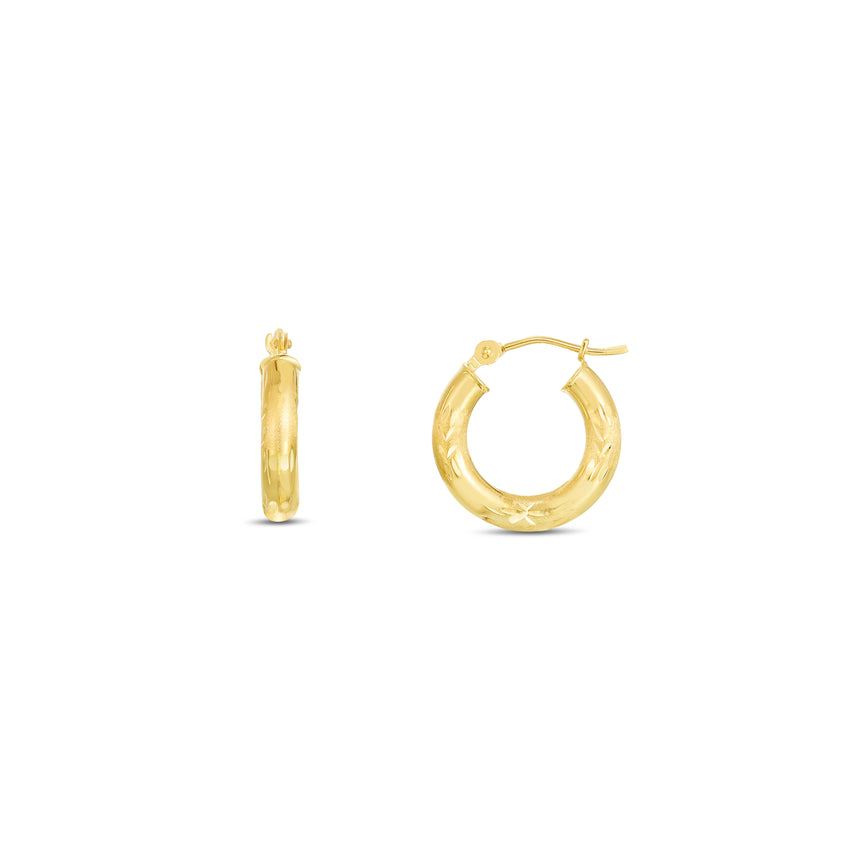 14K Yellow Gold 3mm Diamond Cut & Polished Design Hoop Earring-Yellow | Hinged