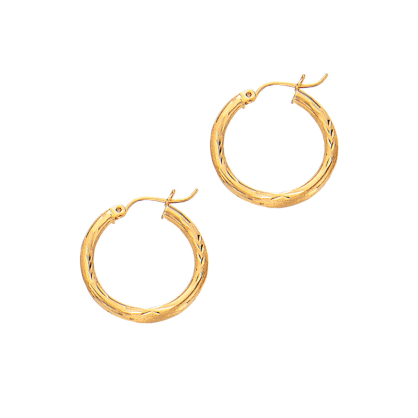 14K Yellow Gold Diamond Cut & Polished Design Hoop Earring-Yellow | Hinged
