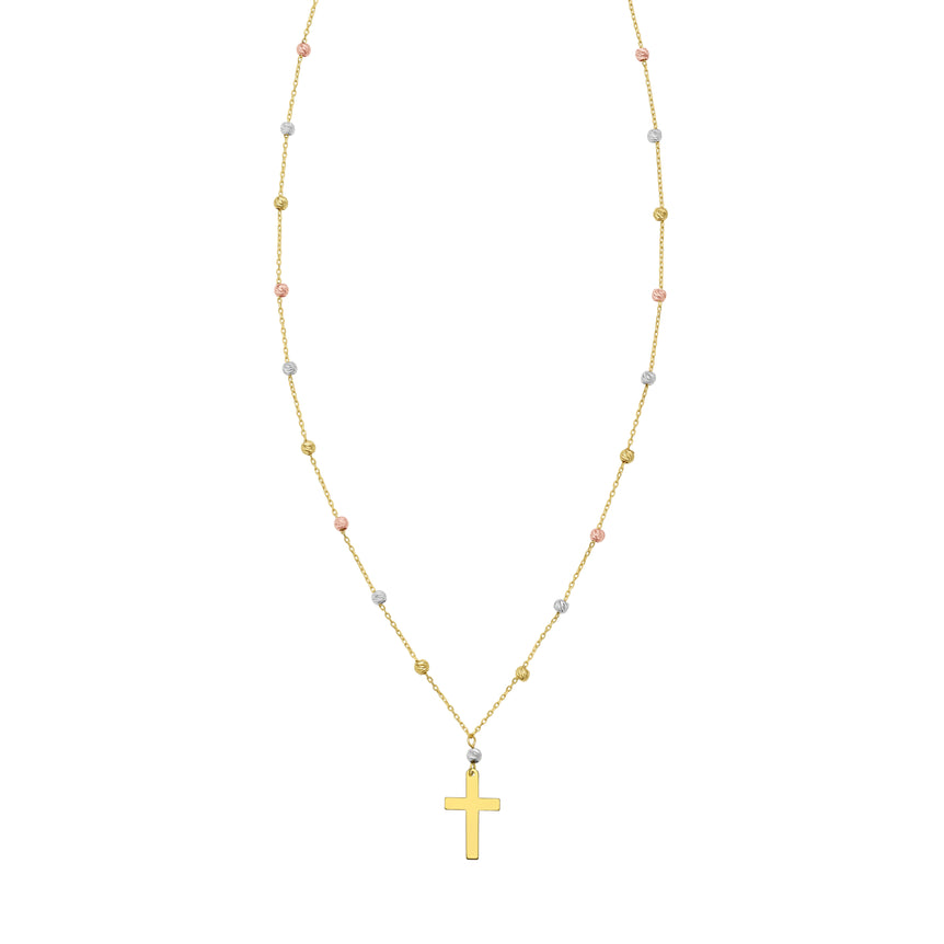 14K Beaded Cross Necklace-Tri-color | Spring Ring