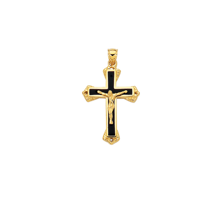 14K Gold Black Enamel Crucifix Cross-Yellow