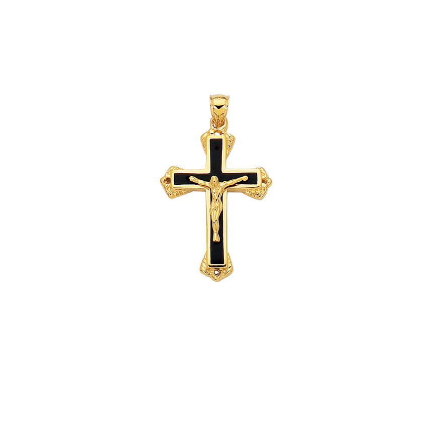 14K Gold Black Enamel Crucifix Cross-Yellow