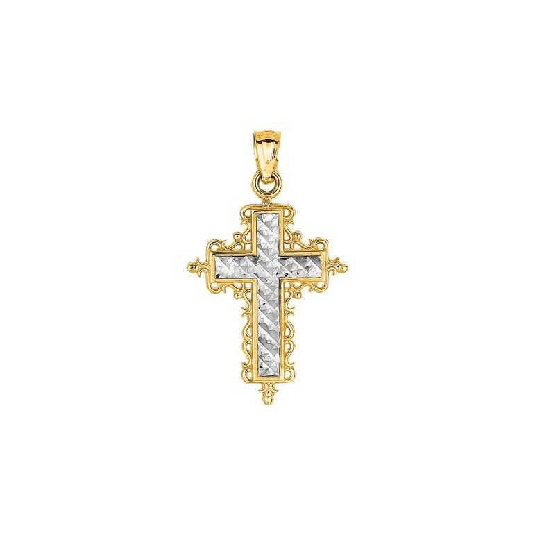 14K Gold Small Diamond Cut Cross-Two-tone