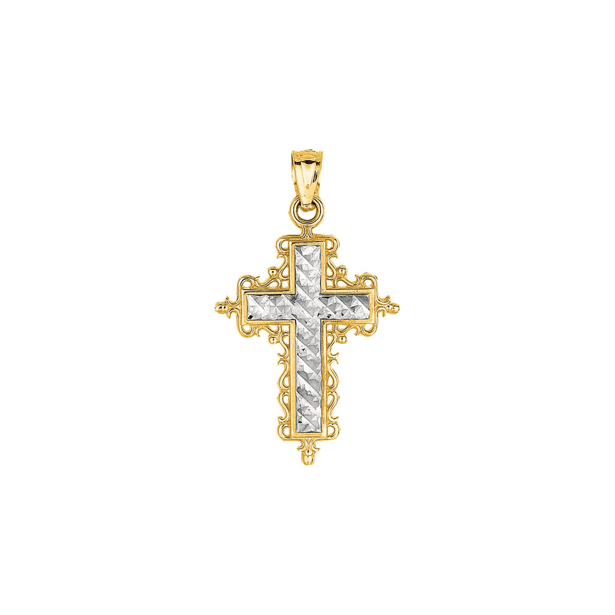 14K Gold Small Diamond Cut Cross-Two-tone