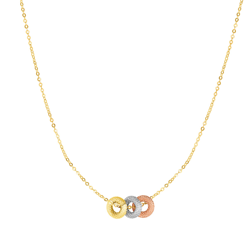 14K Tri-color Gold Diamond Cut 3 Ring Necklace-Tri-color | Lobster