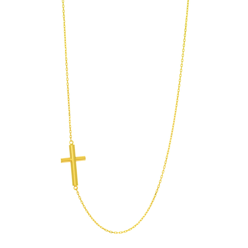 14K Gold Tube Cross Necklace-Yellow | Lobster