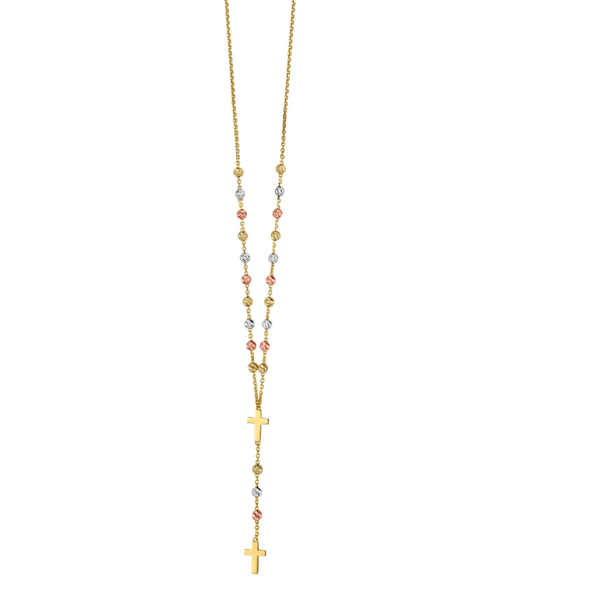 14K Gold Drop Cross Rosary Inspired Necklace-Tri-color | Lobster