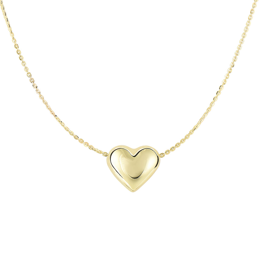 14K Gold  Polished Puffed Heart Necklace-Yellow | Spring Ring