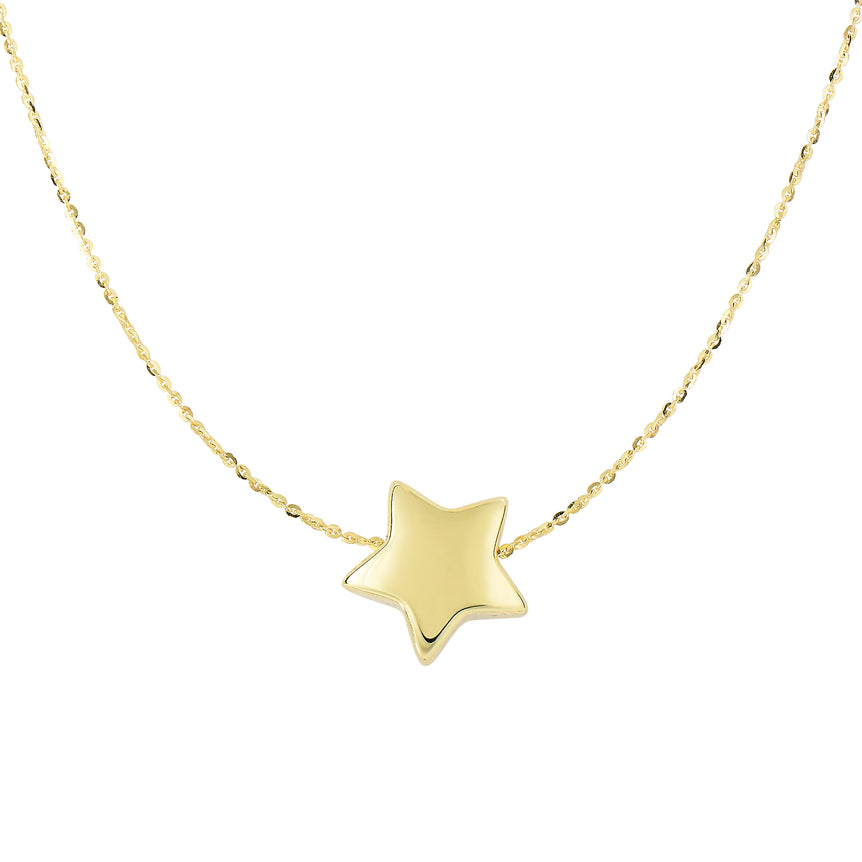 14K Gold Polished Puffed Star Necklace-Yellow | Spring Ring