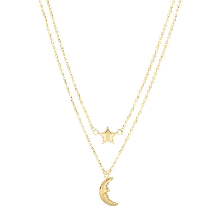 14K Gold Polished Moon & Star Multi-Strand Necklace-Yellow | Spring Ring
