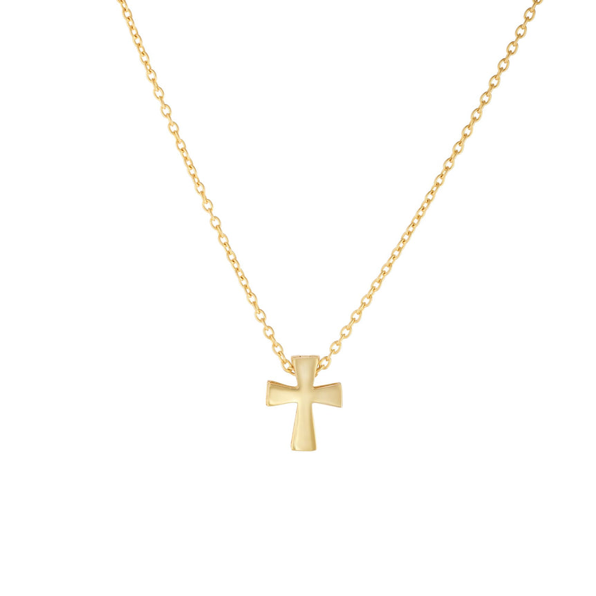 14K Gold Polished Mini Cross Necklace-Yellow | Lobster