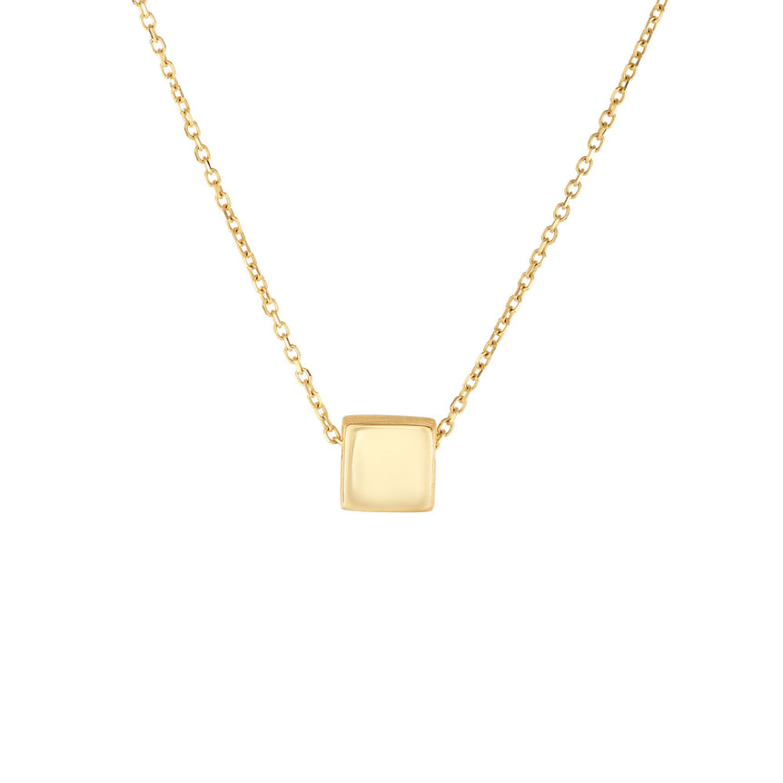 14K Gold Polished Cube Necklace-Yellow | Lobster