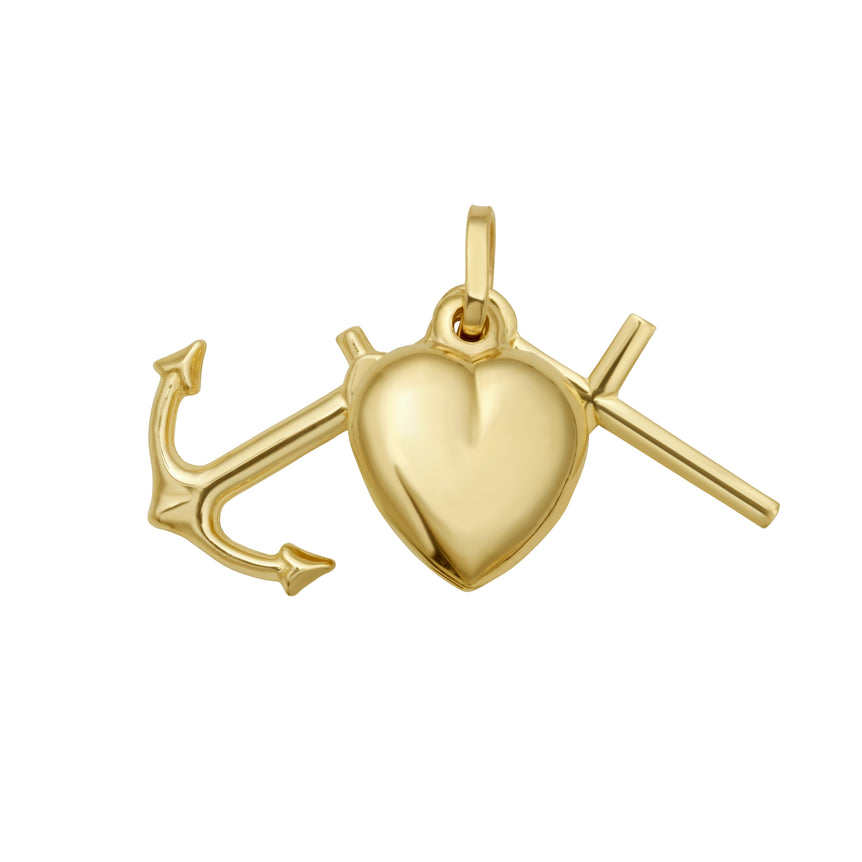 14K Heart Cross Anchor Charm-Yellow