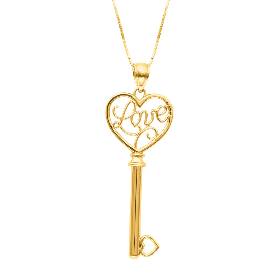 14K Gold Polished Love Key Necklace-Yellow | Lobster