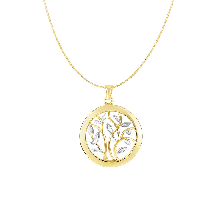 14K Two-tone Gold Tree of Life Polished Circle Necklace-Yellow | Lobster