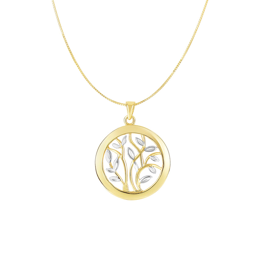 14K Two-tone Gold Tree of Life Polished Circle Necklace-Yellow | Lobster