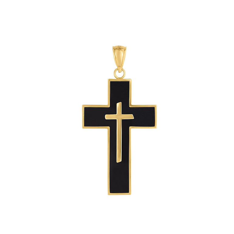 14K Gold Black Enamel Cross-Yellow