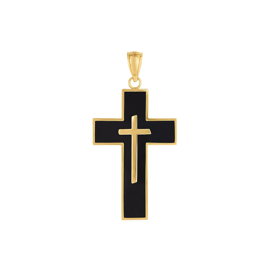 14K Gold Black Enamel Cross-Yellow