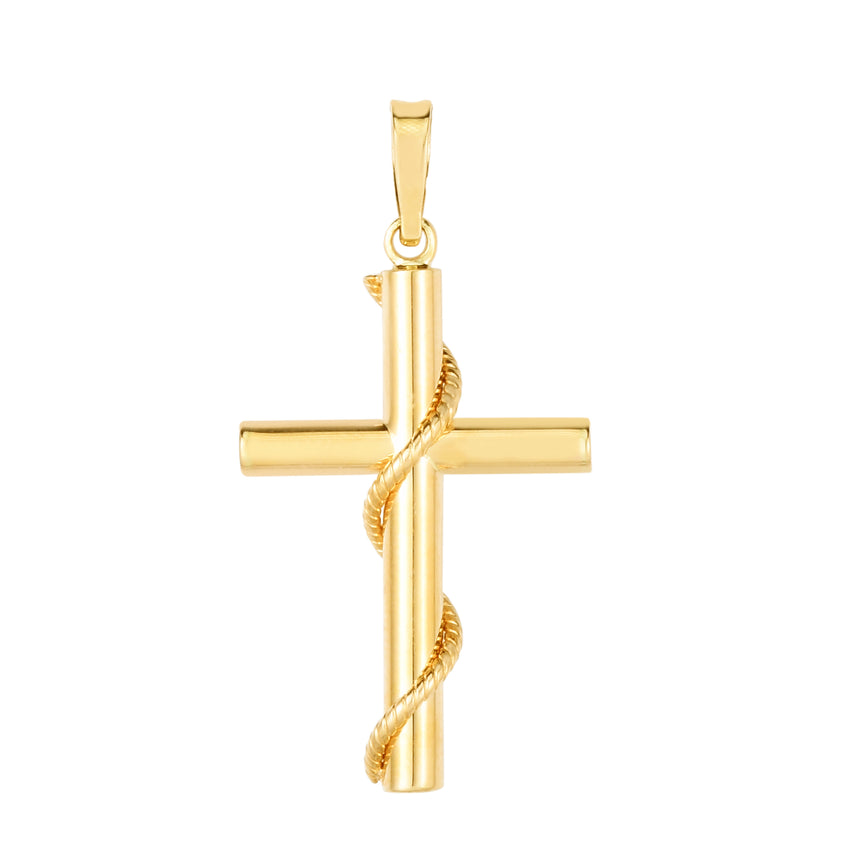 14K Gold Tube Cross with Rope Detail-Yellow