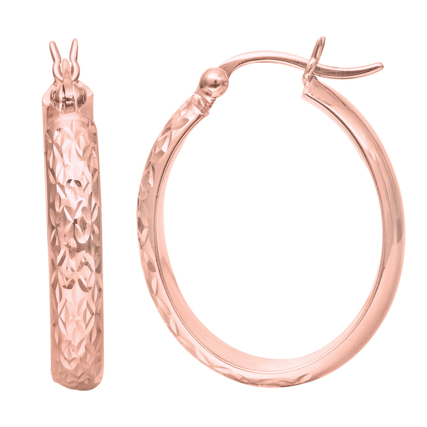 14K Gold Oval Diamond Cut Hoop Earring-Rose | Hinged
