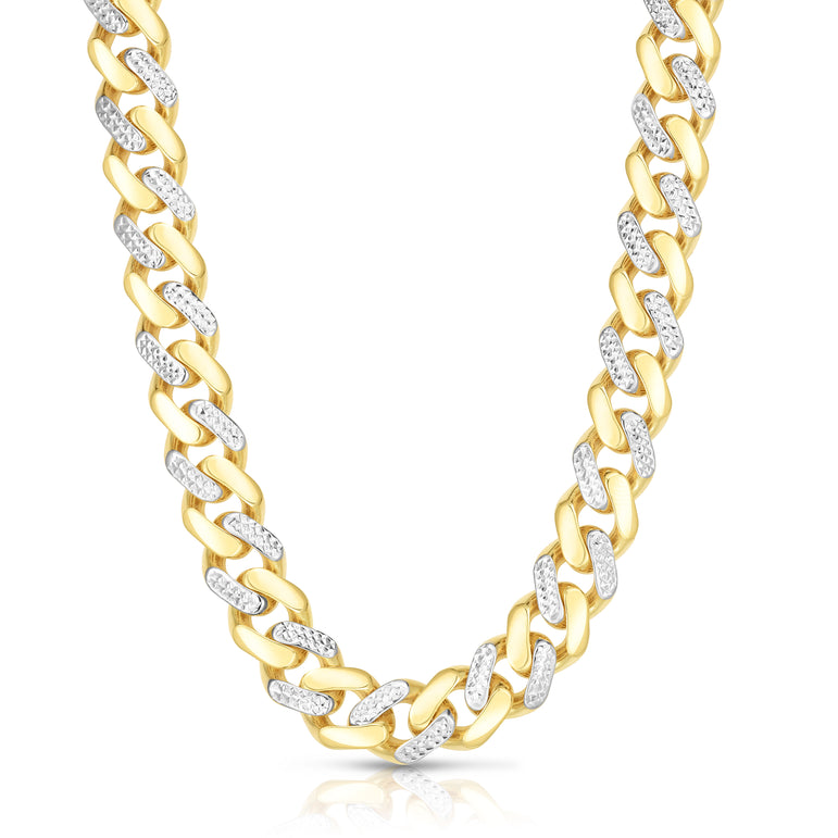 14K Gold 11.5mm Alternating White Pave Lite Miami Cuban -Yellow | Box with Both Side Push