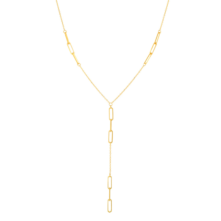14K Gold Paperclip Lariat Necklace-Yellow | Spring Ring