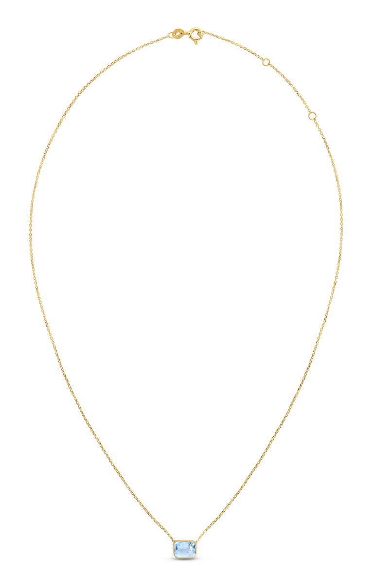 14K Gold Emerald Cut Blue Topaz Necklace-Yellow | Lobster