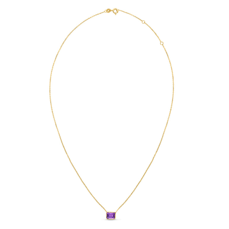 14K Gold Emerald Cut Amethyst Necklace-Yellow | Lobster