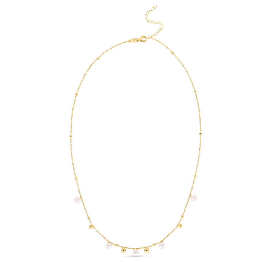 14K Gold Pearl and Scattered Bead Necklace-Yellow | Pear Shaped Lobster