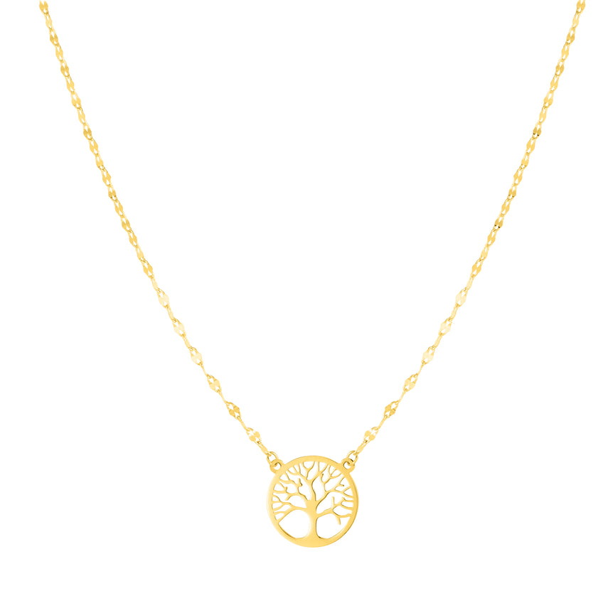 14K Gold Tree of Life on Mirror Chain Necklace-Yellow | Spring Ring