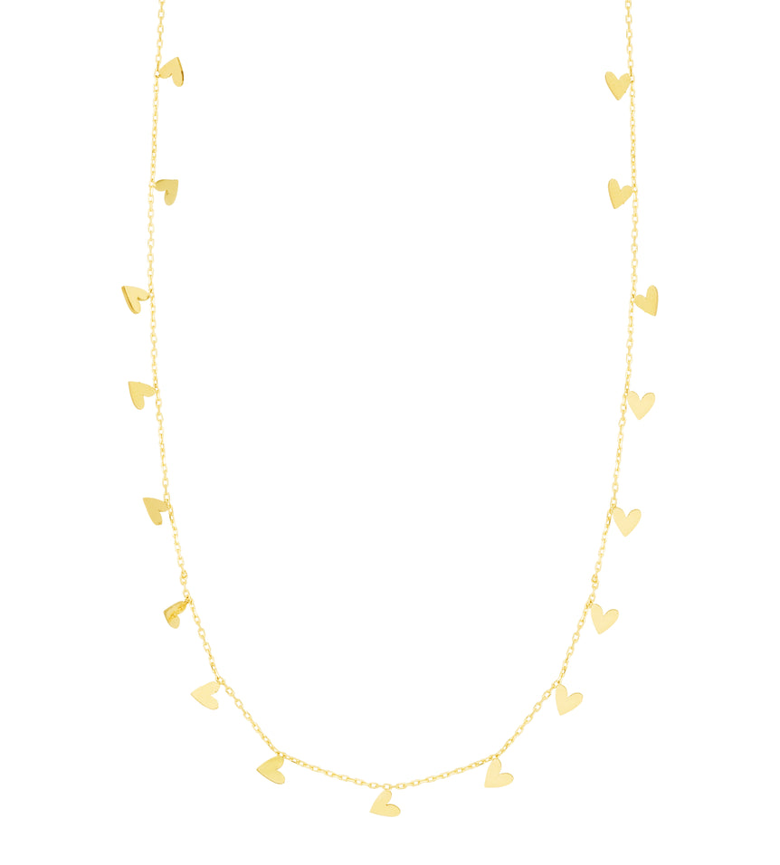 14K Gold Dangling Hearts Necklace-Yellow | Spring Ring