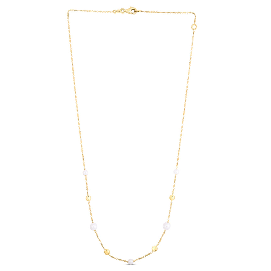 14K Gold & Pearl Bead Tin-Cup Necklace-Yellow | Pear Shaped Lobster