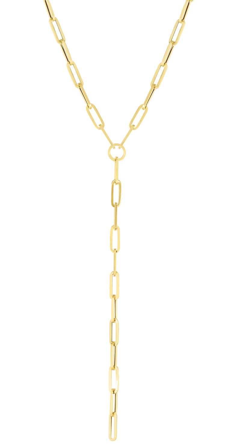 14K Lariat Paperclip Y-Necklace-Yellow | Pear Shaped Lobster
