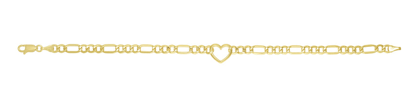 14K Heart Figaro Chain Bracelet-Yellow | Lobster