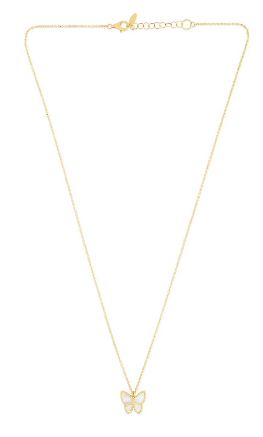 14K Gold Mother of Pearl Butterfly Necklace-Yellow | Pear Shaped Lobster