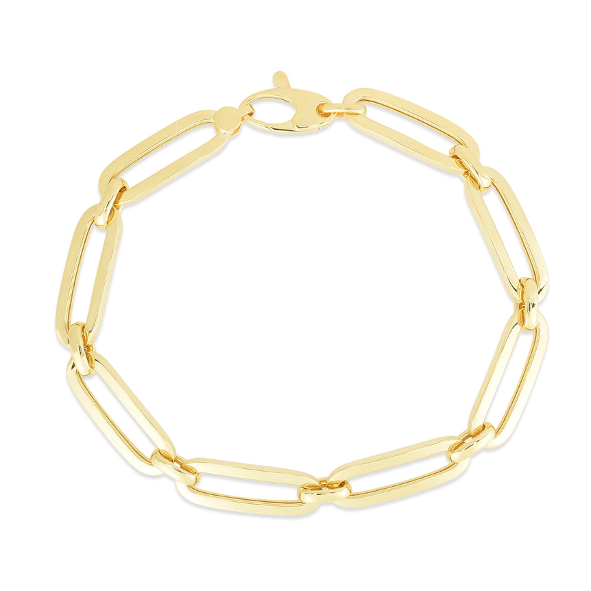 14K Gold 7mm Bombay Paperclip Bracelet-Yellow | Casted Oval Lobster