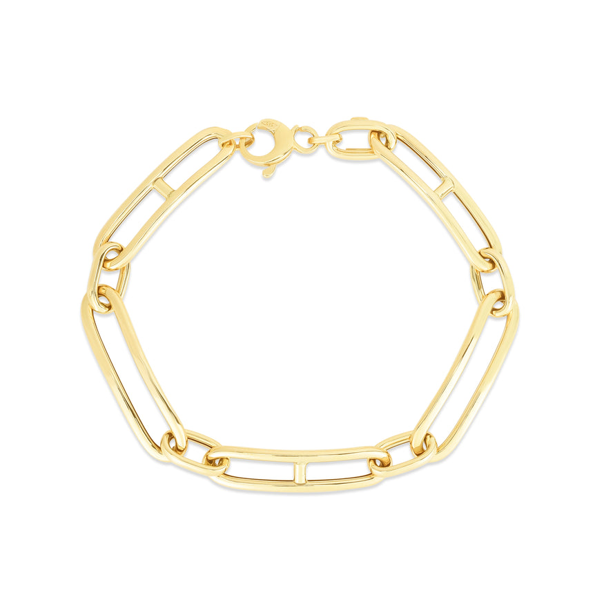 14K Gold 7.4mm Elongated Alternating Mariner Link Bracelet -Yellow | Fancy Pear Shaped Lobster