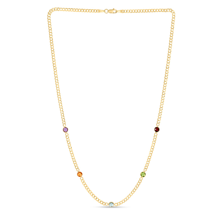 14K Multi Gemstone Curb Chain Necklace-Yellow | Lobster