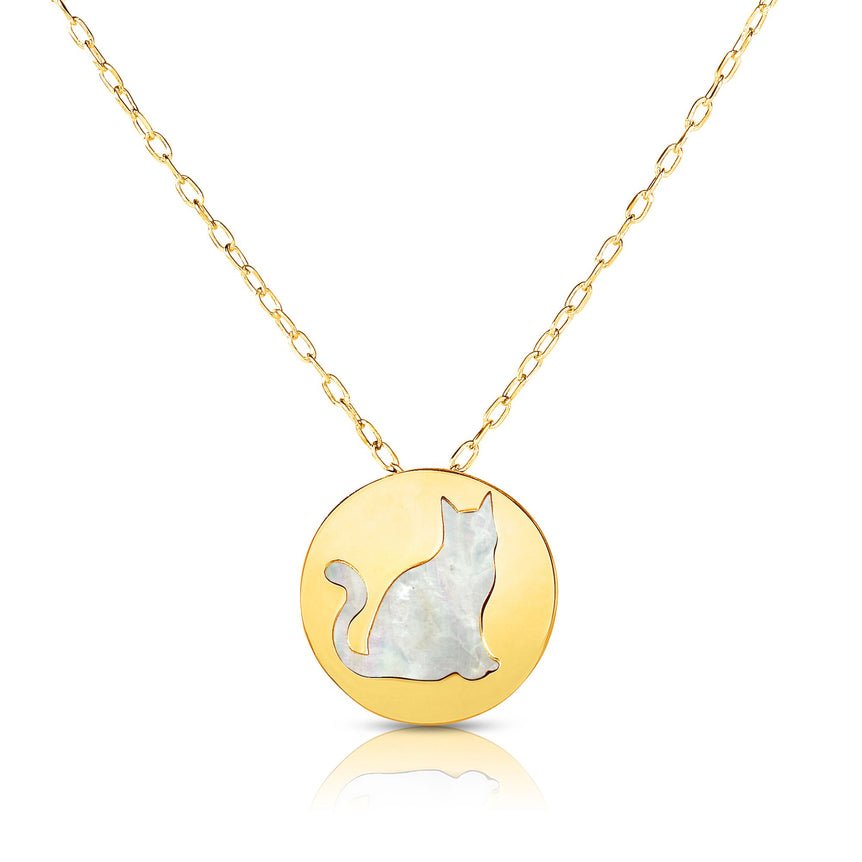 14K Gold Cat Mother of Pearl Necklace-Yellow | Spring Ring