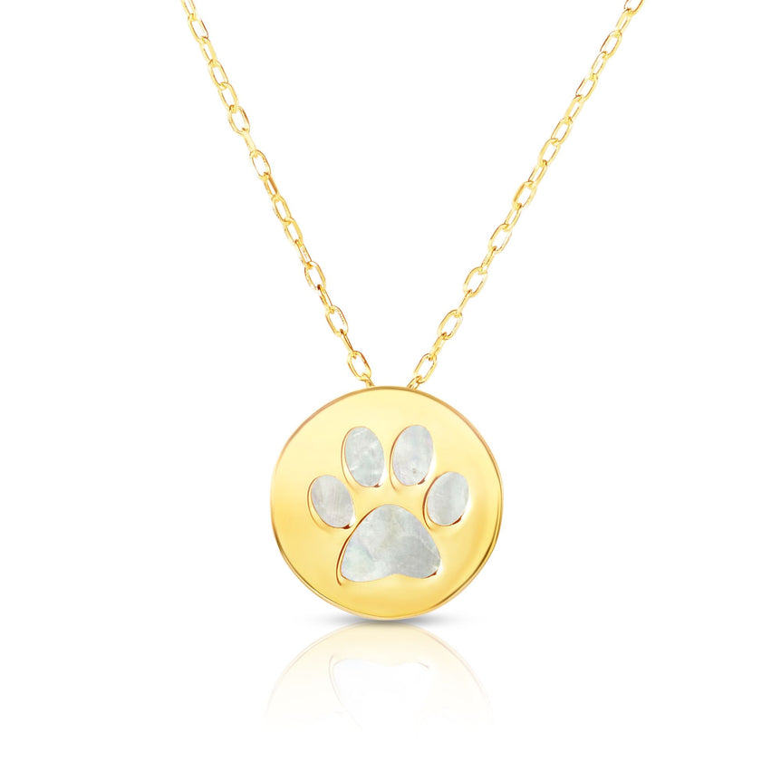 14K Gold Paw Print Mother of Pearl Necklace-Yellow | Spring Ring