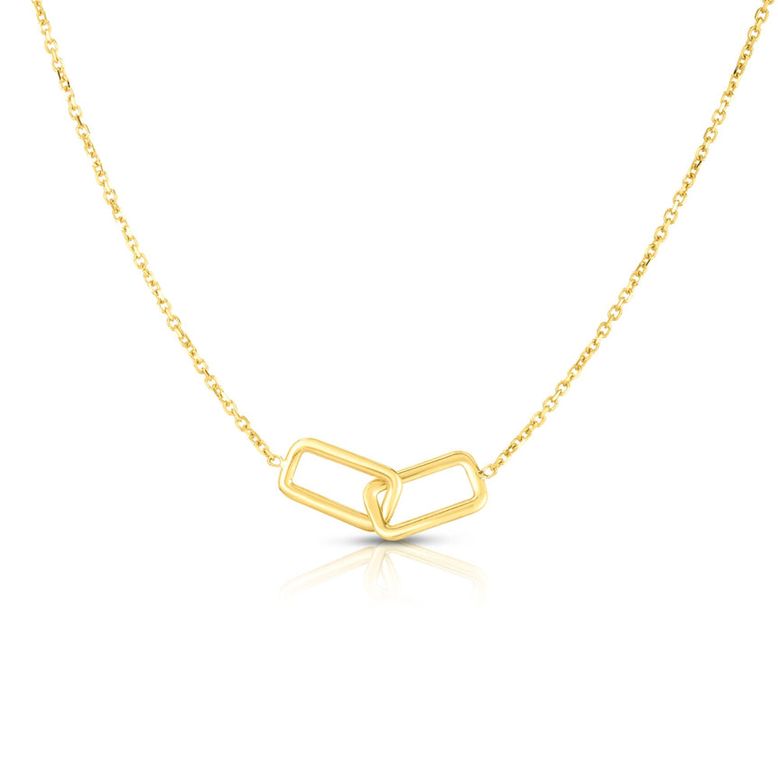 14K Gold Polished Interlocking Rectangles Necklace-Yellow | Spring Ring